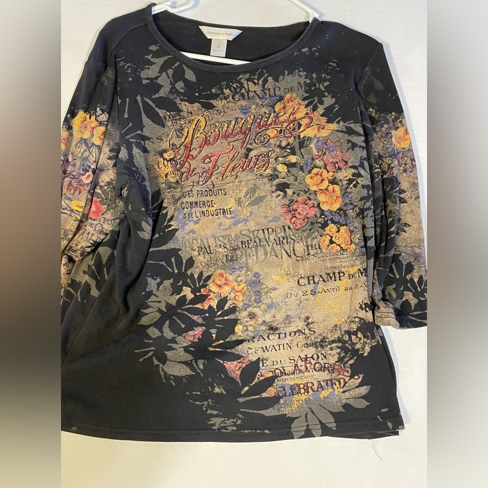Christopher & Banks Black Long Sleeve Floral Script Top